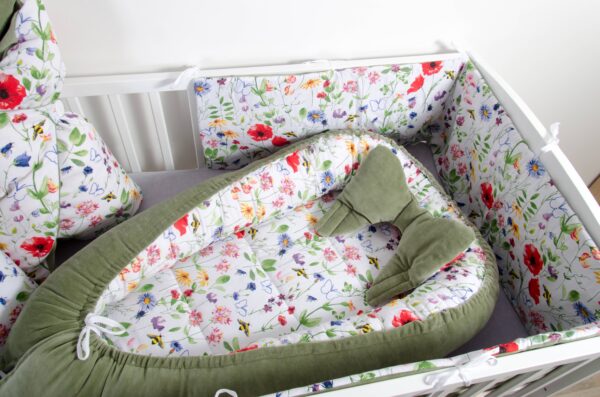 Oboustranné hnízdečko a plochý mantinel - vzor louka, olivový samet