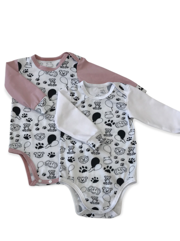 Body s dlouhým rukávem set 2ks - vzor ťapky, růžová