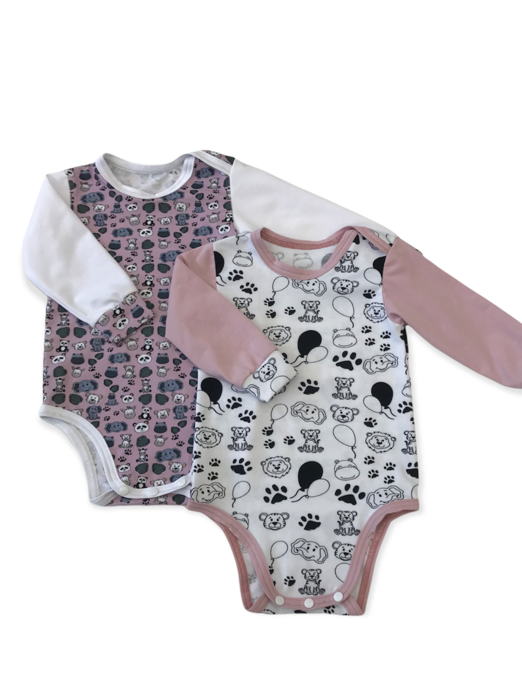 Body s dlouhým rukávem set 2ks - vzor zvířátka, růžová