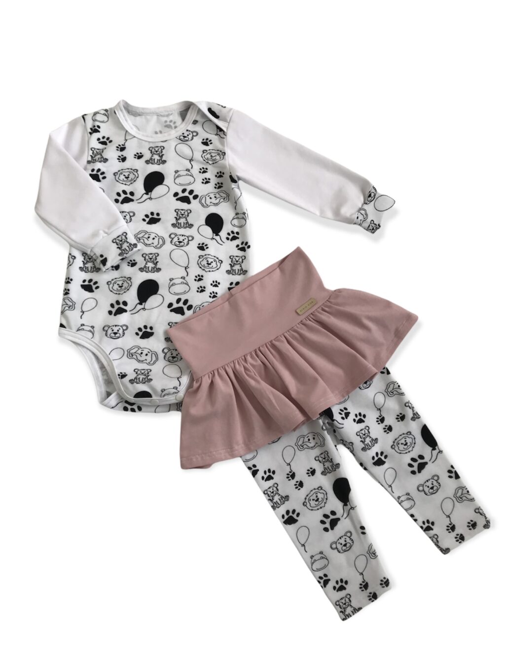 Set body s dlouhým rukávem a legíny se sukýnkou - vzor ťapky