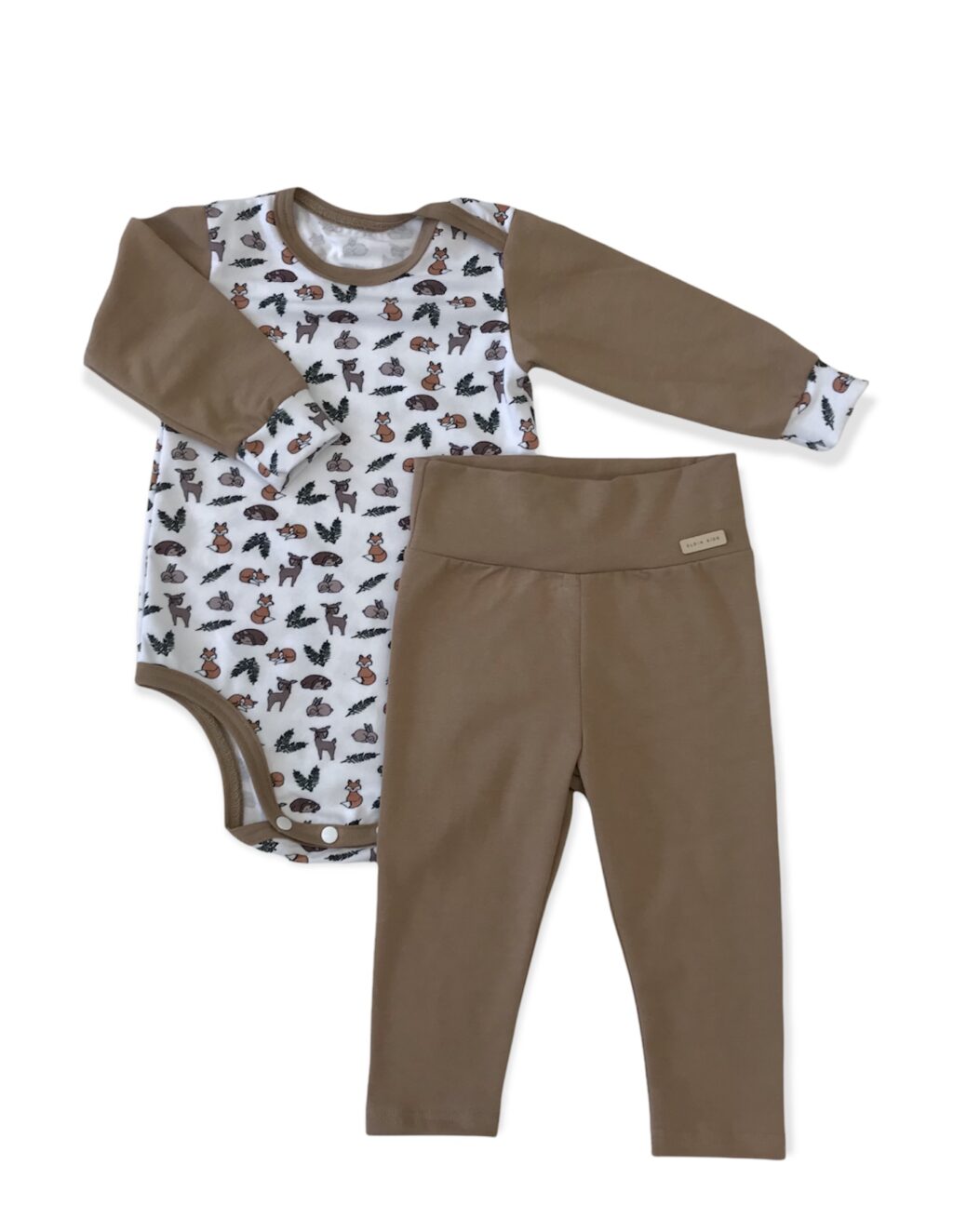 Set body s dlouhým rukávem a tepláky - vzor les, béžová
