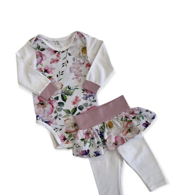 Set body s dlouhým rukávem a legíny se sukýnkou - vzor květy