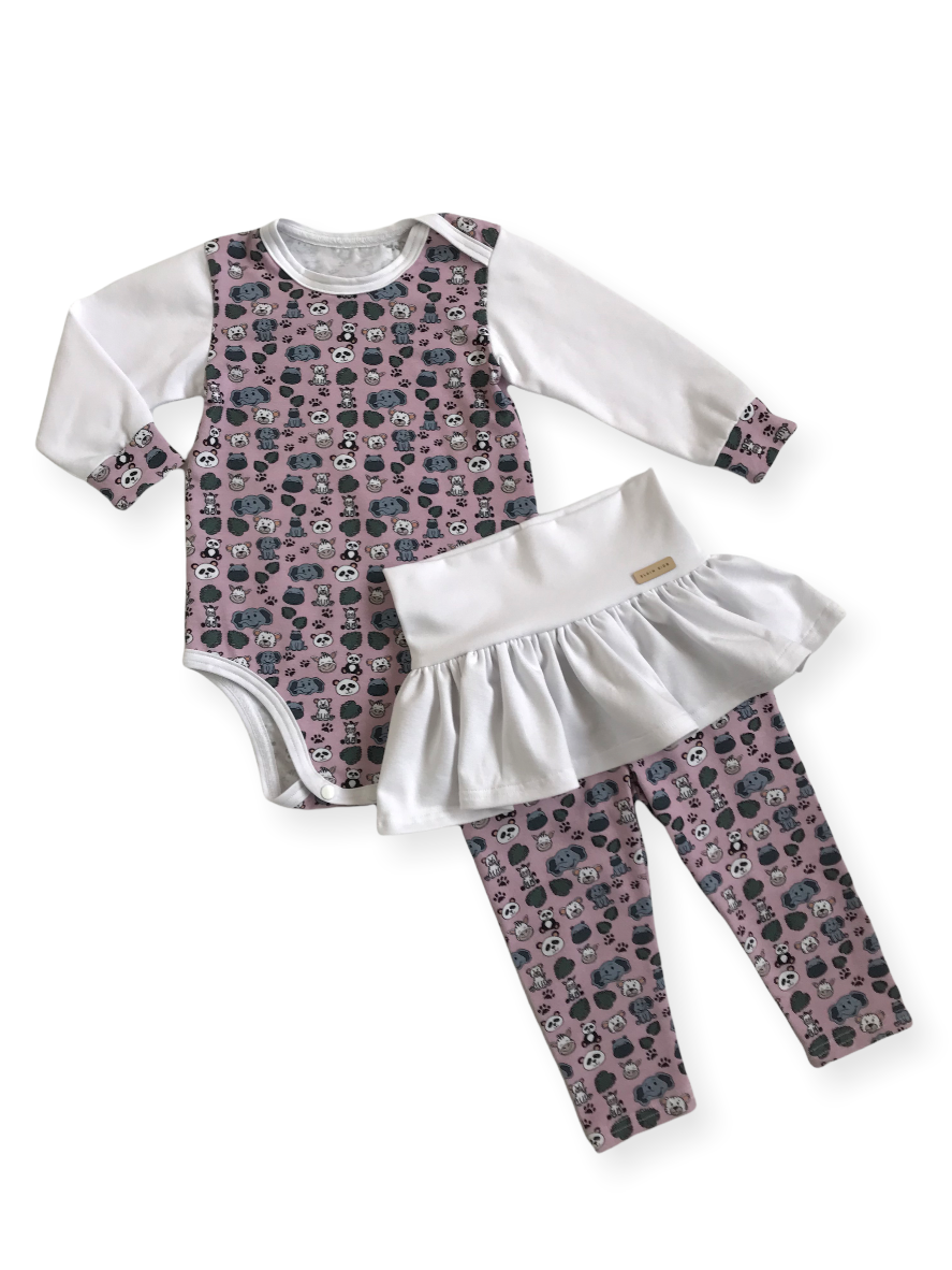 Set body s dlouhým rukávem a legíny se sukýnkou - vzor zvířátka, růžová