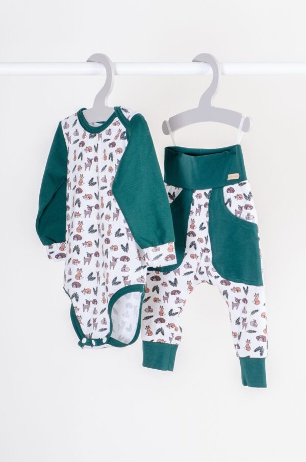 Set body s dlouhým rukávem a tepláky - vzor lesní zvířátka, zelené